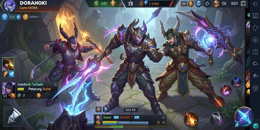 Screenshot DORAHOKI menampilkan aksi seru pertempuran MOBA.