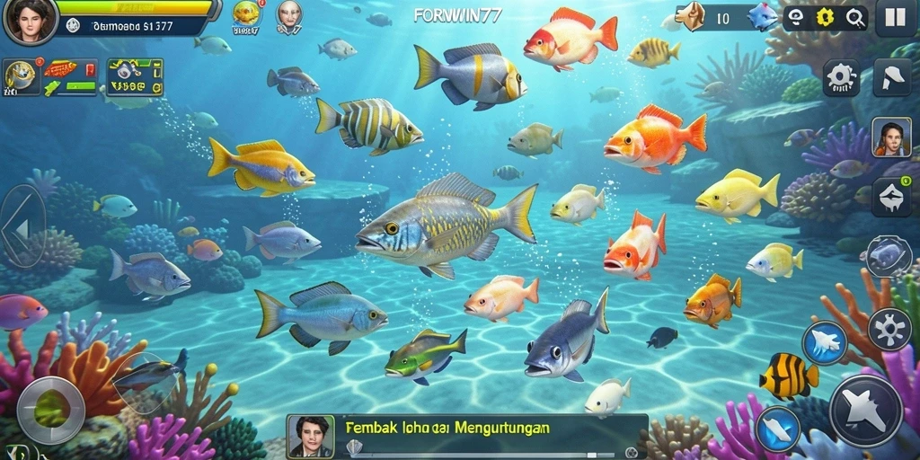 Screenshot gameplay FORWIN77 menampilkan aksi menembak ikan yang mendebarkan.