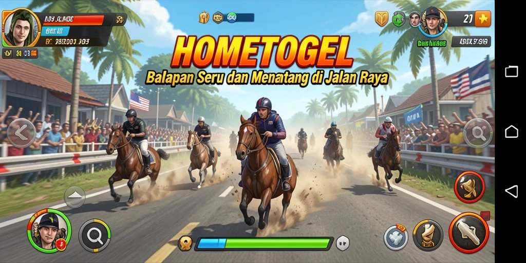 Tampilan gameplay HOMETOGEL menunjukkan balapan yang seru dan menegangkan.