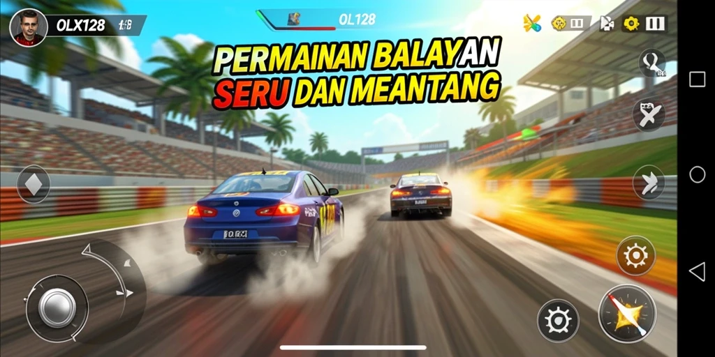 Screenshot game OLX128 menunjukkan aksi balapan yang mendebarkan.